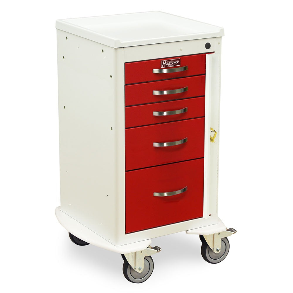 A-Series Narrow Five Drawer Aluminum Crash Cart, Short Height, Mini Width, Five Drawers, Breakaway Lock