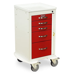 A-Series Narrow Five Drawer Aluminum Crash Cart, Short Height, Mini Width, Five Drawers, Breakaway Lock