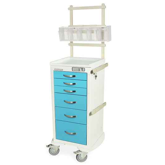 A-Series Narrow Aluminum Anesthesia Cart with MD18-ANS Accessories Package, Tall Height, Six Drawers, E-Lock